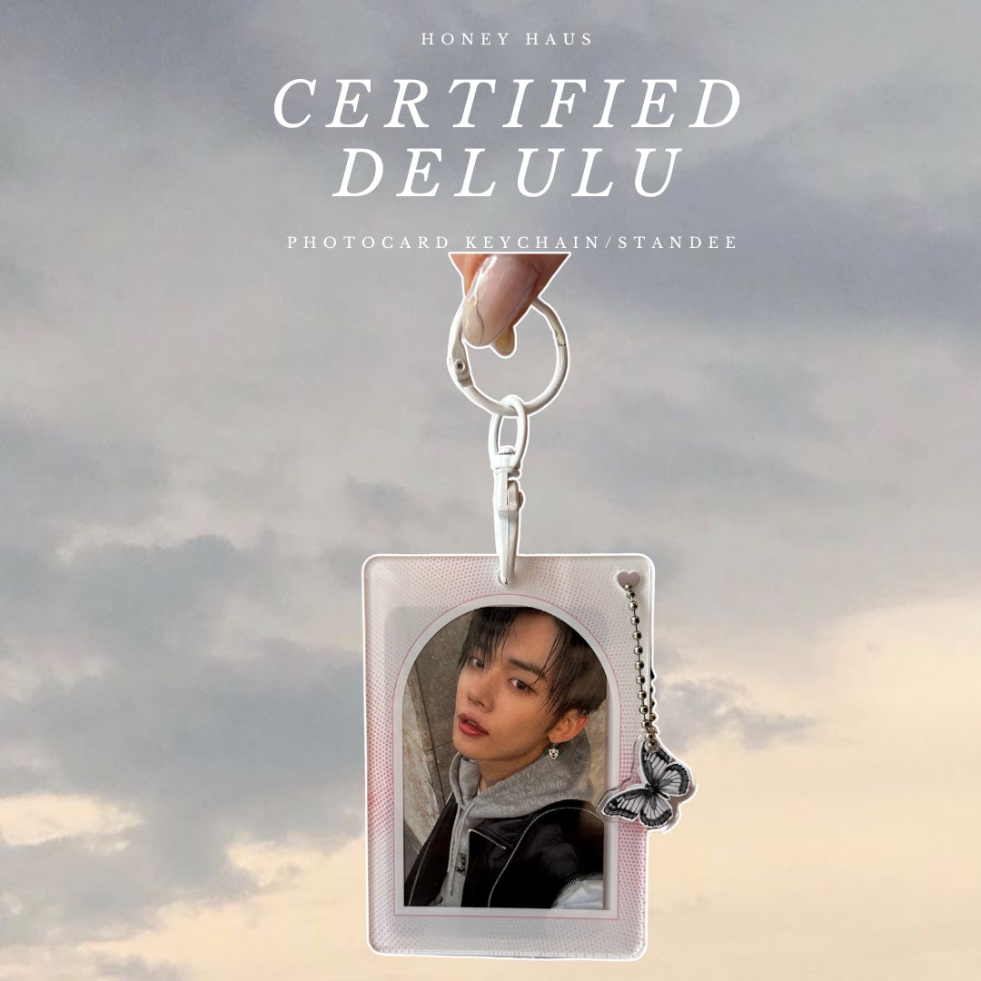 Certified Delulu (Pink Vers.) Acrylic Photocard Holder with Butterfly Charm